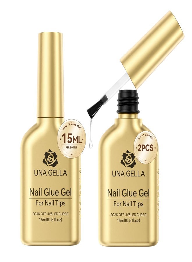 UNA GELLA 6 in 1 Gel Nail Glue for Clear Acrylic Nails Tips, 2Pcs 15ml Super Strong Brush UV Nail Glue Long Lasting Lamp Curing Required for Fake Nails Tips - Image 1
